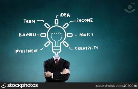 Business strategy. Unrecognizable businessman with business sketches instead of head on blue background