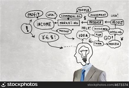 Business strategy. Unrecognizable businessman with business sketches instead of head on white background