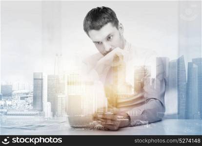 business, stress and crisis concept - stressed businessman with tablet pc computer and documents at office over city background and double exposure effect. stressed businessman with tablet pc and documents