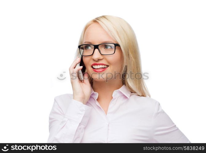 business, style and people concept - smiling businesswoman, student or secretary calling on smartphone over white background