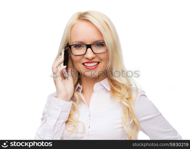 business, style and people concept - smiling businesswoman, student or secretary calling on smartphone over white background