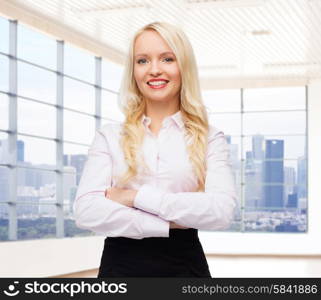 business, style and people concept - smiling businesswoman, student or secretary over office window with city view background