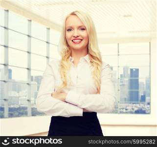 business, style and people concept - smiling businesswoman, student or secretary over office window with city view background