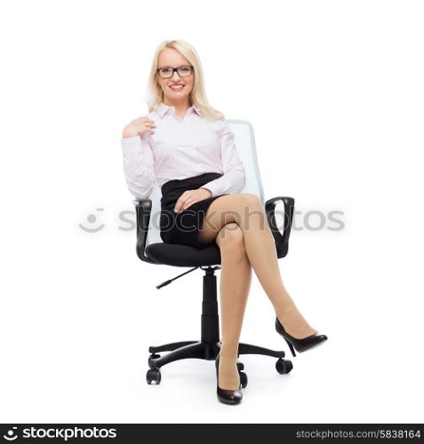 business, style and people concept - smiling businesswoman, student or secretary over white background