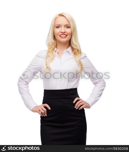 business, style and people concept - smiling businesswoman, student or secretary over white background