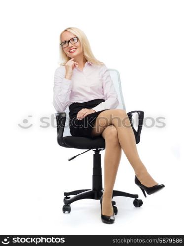 business, style and people concept - smiling businesswoman, student or secretary sitting on office chair over white background