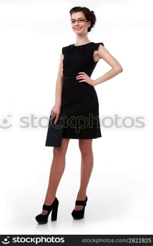 Business style Positive pretty business woman in glasses with laptop smiling over white background