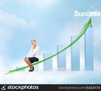 business, success and graphs concept - businesswoman with big 3d chart