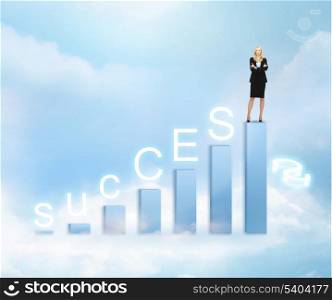 business, success and graphs concept - businesswoman with big 3d chart