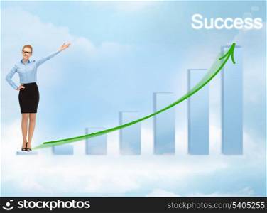 business, success and graphs concept - businesswoman with big 3d chart