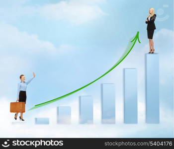 business, success and graphs concept - businesswomen with big 3d chart