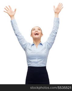 business, success and office concept - laughing businesswoman waving hands