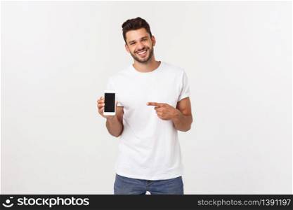 Business, success and technology concept with businessman showing smartphone with blank screen and copy space isolated on white. Business, success and technology concept with businessman showing smartphone with blank screen and copy space isolated on white.