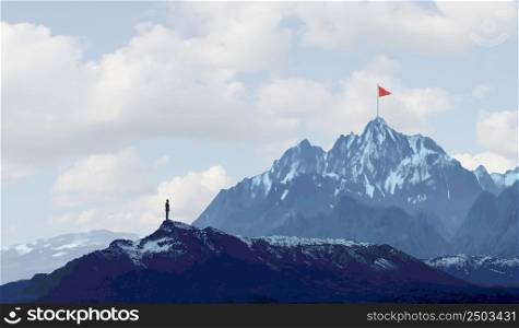 Business success challenge and climbing a high mountain metaphor as a businessman with a goal of retreiving a red flag from the peak or summit with 3D illustration elements.
