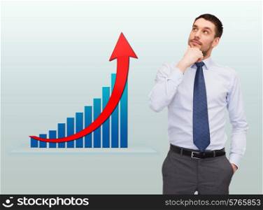 business, success, economics and people concept - thinking young businessman with growth chart over gray background