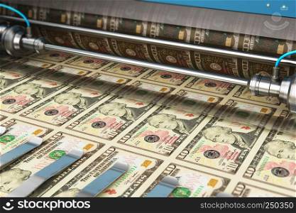 Business success, finance, banking, accounting and making money concept: printing 10 US dollar USD money paper cash banknotes on print machine in typography