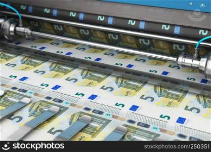 Business success, finance, banking, accounting and making money concept: printing 5 Euro money paper cash banknotes on print machine in typography