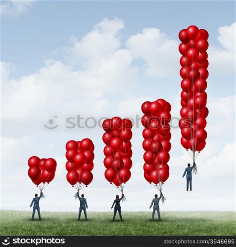 Business success graph as a group of businesspeople holding balloons shaped as a financial chart with one individual businessman with enough balloon objects accumulated to reach critical mass to rise above and succeed.