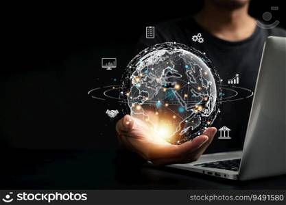 Business success in the global market. Hand holding virtual internet icon on VR screen. Technology, digital marketing, and financial solutions. Data-driven research and strategic online communication.