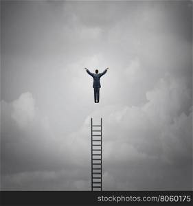 Business success motivation concept as a businessman levitating above a ladder as a leadership and growth metaphor with 3d illustration elements.