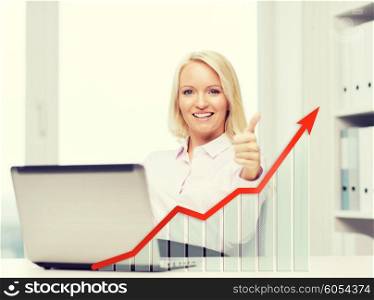 business, success, people, gesture and technology concept - smiling businesswoman showing thumbs up with laptop computer and growing chart in office