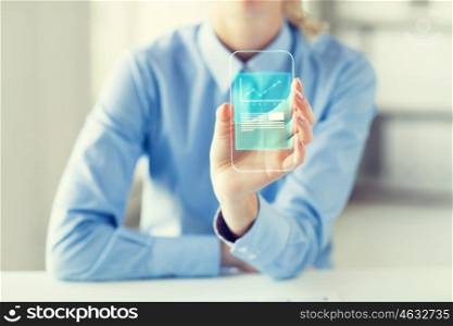 business, success, statistics, technology and people concept - close up of woman hand holding and showing transparent smartphone with chart at office
