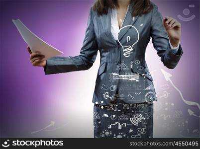 Business success strategy. Close up of businesswoman drawing business sketches
