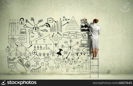 Business successful strategy. Back view of businesswoman standing on ladder and drawing her great plan on wall