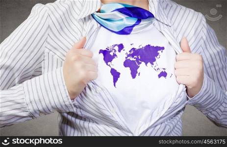 Business super power. Unrecognizable businesswoman opening her shirt like superhero