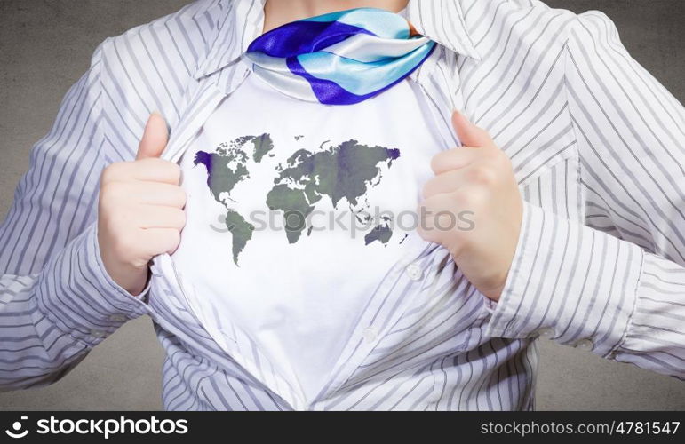 Business super power. Unrecognizable businesswoman opening her shirt like superhero