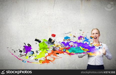 Business super power. Young attractive businesswoman opening her shirt like superhero