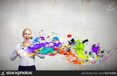 Business super power. Young attractive businesswoman opening her shirt like superhero