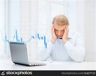 business, tax, office and money concept - stressed old man with form and forex chart at home
