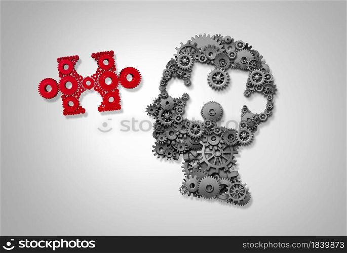 Business teaching and corporate training concept or skill development symbol a puzzle piece made of gears shaped as a head as a technology or learning and education metaphor with 3D illustration.