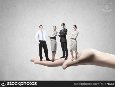 Business team. Business people of different professions standing on palm