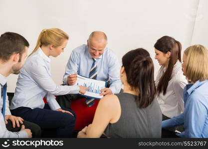 Business team discussing analysis graph sitting in meeting room