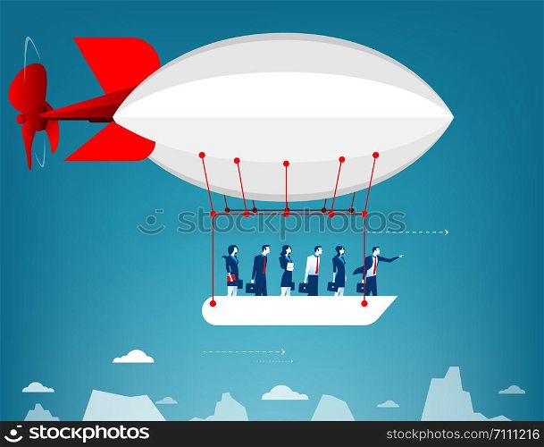 Business team flying in the sky on hot air balloon. Looking over mountain peaks. Concept business illustration. Vector flat