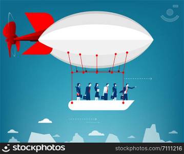 Business team flying in the sky on hot air balloon. Looking over mountain peaks. Concept business illustration. Vector flat