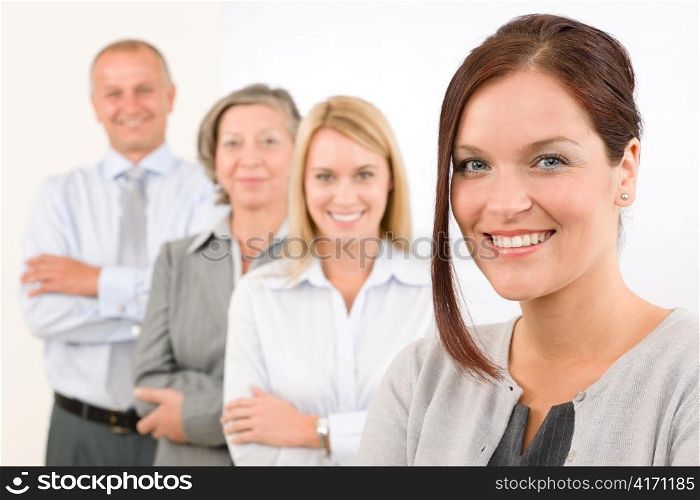 Business team happy attractive woman colleagues standing in line portrait