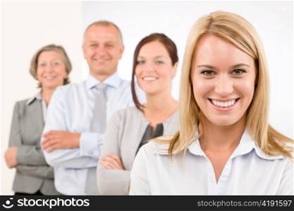 Business team happy attractive woman colleagues standing in line portrait