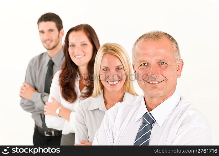 Business team happy mature man colleagues standing in line portrait