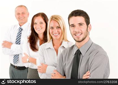 Business team happy mature man colleagues standing in line portrait