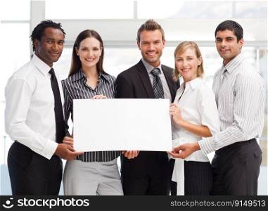Business team holding a blank card