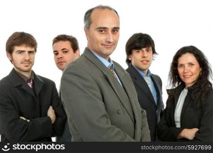 business team, isolated on white background, focus on the first man
