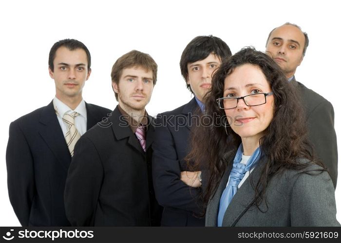 business team, isolated on white, focus on the woman