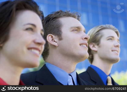 Business team looks ahead as they stand together and smile