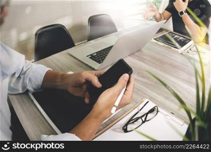 Business team meeting present. Photo professional investor working with new start up project. Finance managers task.Digital tablet laptop computer design smart phone using, Sun flare effect