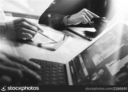 Business team meeting present. Photo professional investor working with new startup project , black white.Digital tablet laptop computer design smart phone using, keyboard docking screen foreground
