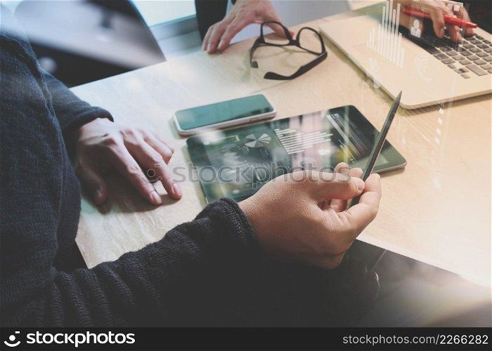 Business team meeting present. Photo professional investor working with new startup project. Finance managers meeting.Digital tablet laptop computer design smart phone using, Sun flare effect 