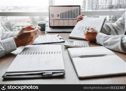 Business team meeting Strategy Planning with new startup project plan Finance and Economy Graph with laptop successful teamwork